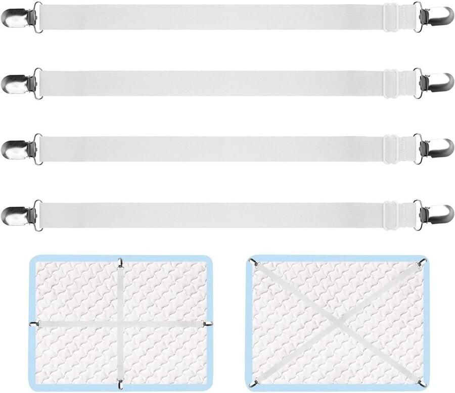 Allecto Plus Elastische hoesspanners 4 stuks verstelbare bedlakenspanners voor kreukvrij bedlaken met metalen klemmen geschikt voor laken matras strijkplank en bank