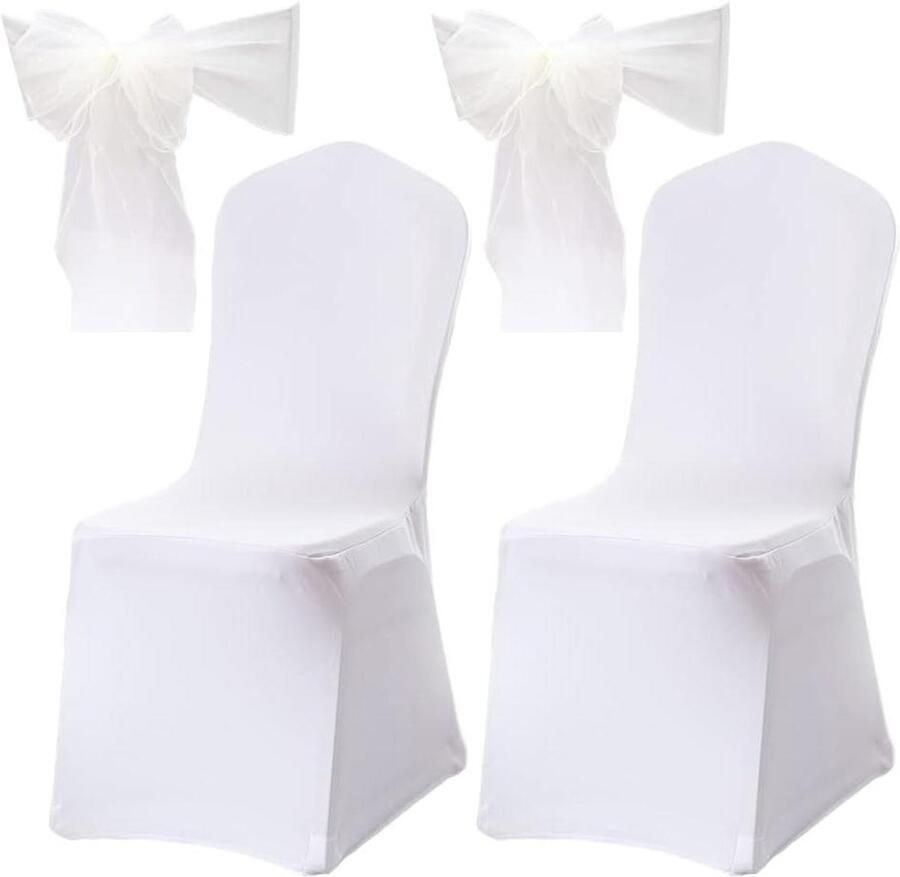 Allecto Plus Elastische stoelhoezen 2 stuks voor bruiloft en feest Wit polyester met organzabanden Banketdecoratie Herbruikbare stoelbekleding