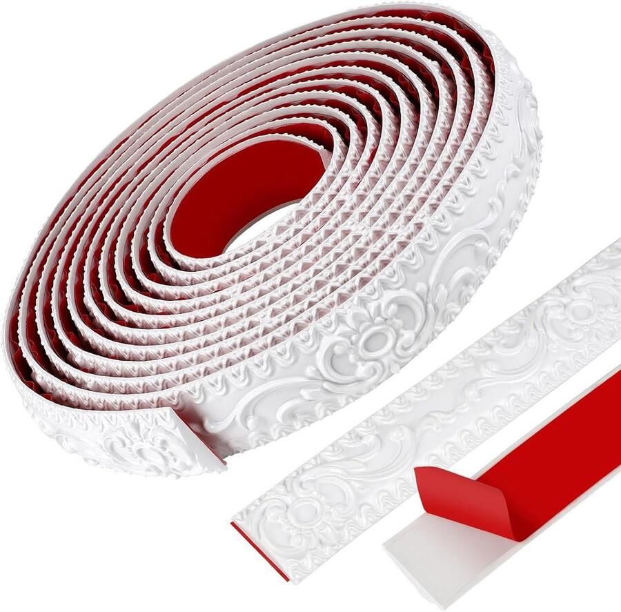 Allecto plus Flexibele zelfklevende sierlijst 36 cm x 5 m Decoratieve rand PVC Zelfklevende wanddecoratie Vintage patroon Wit Voor kast spiegel muur deur plafond