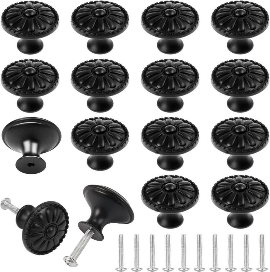 Allecto Plus Flower Shape Furniture Knoppen Zwart Metaal 30mm Vintage Kast Knoppen Deur Knoppen Keukenkast Handgrepen 16 Stuks