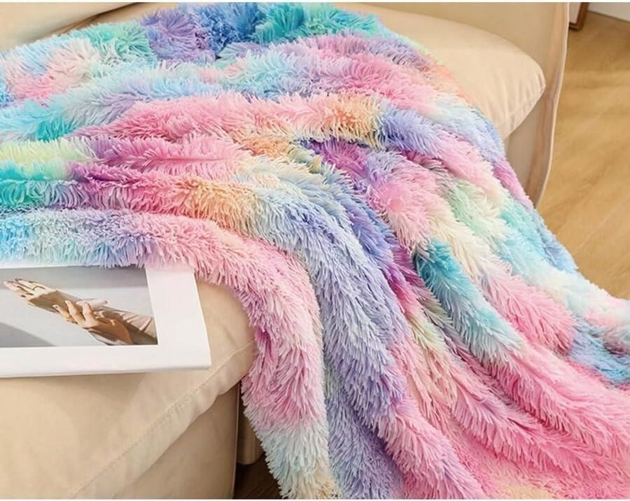Allecto Plus Fluffy Cozy Fleece Deken voor Bank Woonkamer Slaapkamer Decoratie Zachte Pluche Deken Omkeerbare Deken 50 x 70 cm Regenboogmotief Batik Stijl #2