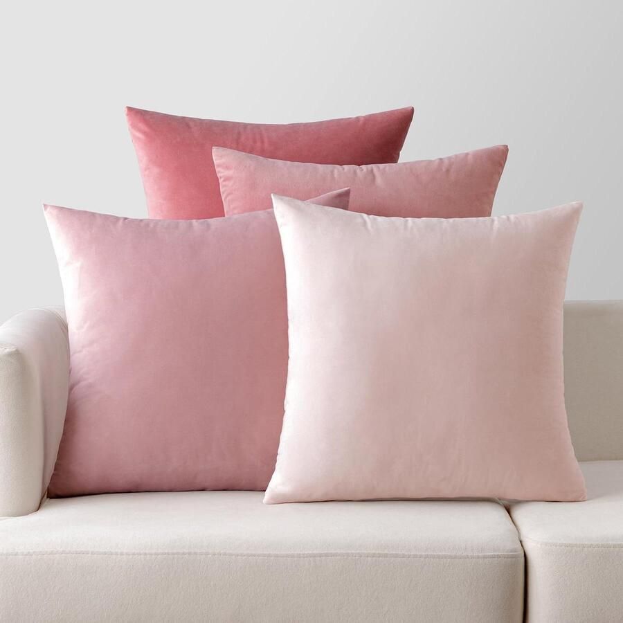 Allecto Plus Fluweel Kussenhoezen Decoratief Woondecoratie Set van 4 Roze 45 x 45 cm Woonkamer Slaapkamer Bank Interieur Sierkussens Stijlvol Ontwerp