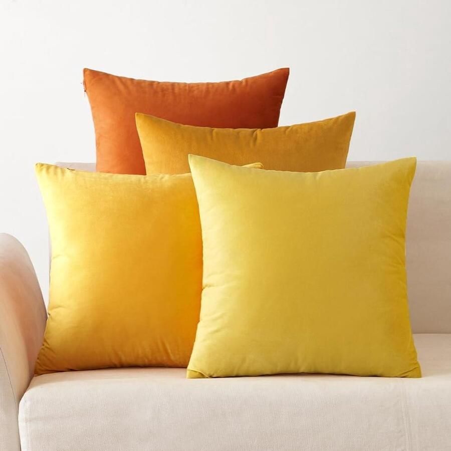 Allecto Plus Fluwelen kussenovertrekken set van 4 Decoratief Vierkant Bank Slaapkamer Huis Oranje 45 x 45 cm