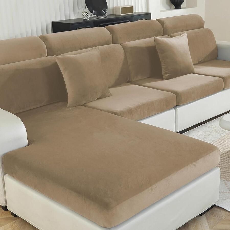 Allecto Plus Fluwelen Stretch Sofa Zitkussen Hoezen Universeel Elastisch Antislip Zitkussenbescherming Stoelhoes Sofahoezen Meubelbeschermer 3 Plaatsen Camel