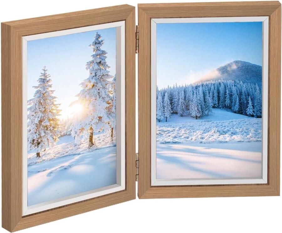 Allecto Plus Fotolijst met dubbele foto's voor thuis in hout Vouwbaar 13 x 18 cm Tweevoudige collage Voor 2 foto's van 7 inch Geschikt voor tafel in woon- of slaapkamer en display