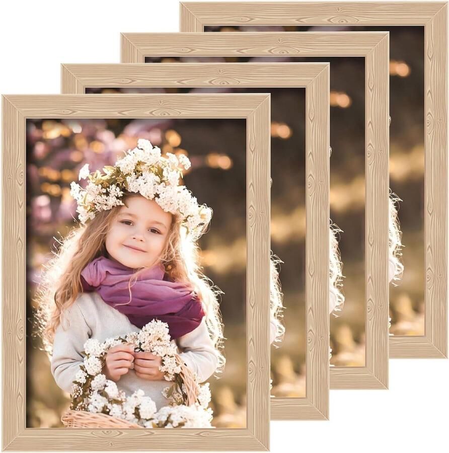 Allecto plus Fotolijst set A4 formaat: 4 stuks moderne fotolijsten met houtnerf en onbreekbaar plexiglas voor muren en tafels staand of liggend in zwart-grijs design