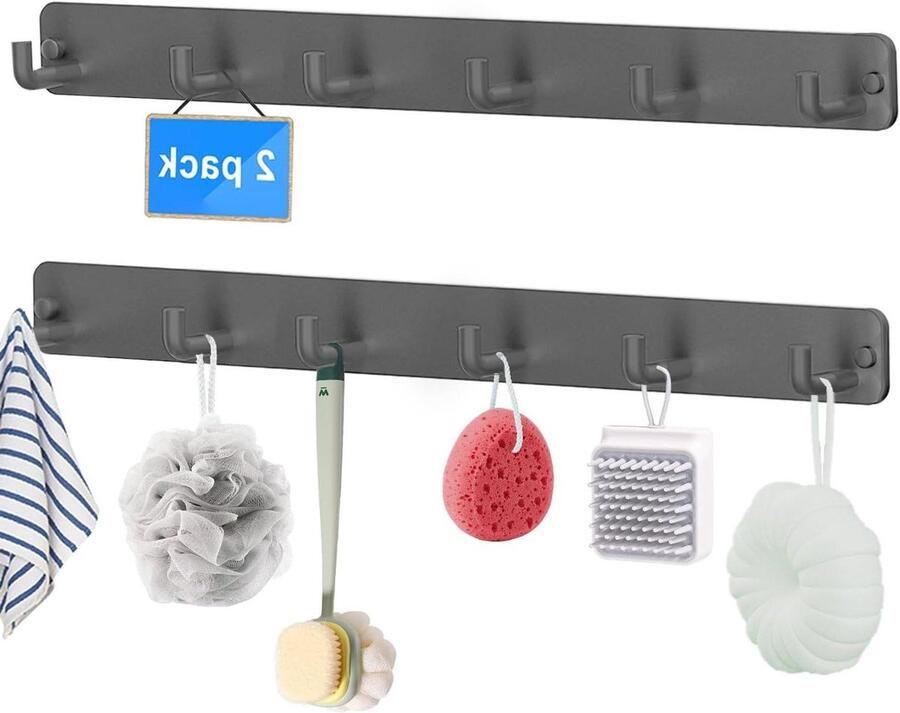 Allecto plus Garderobehaken van roestvrij staal voor wandgarderobe in grijze kleur multifunctioneel en heavy duty set van 2 stuks met 7 haken geschikt voor woonkamer keuken slaapkamer en badkamer