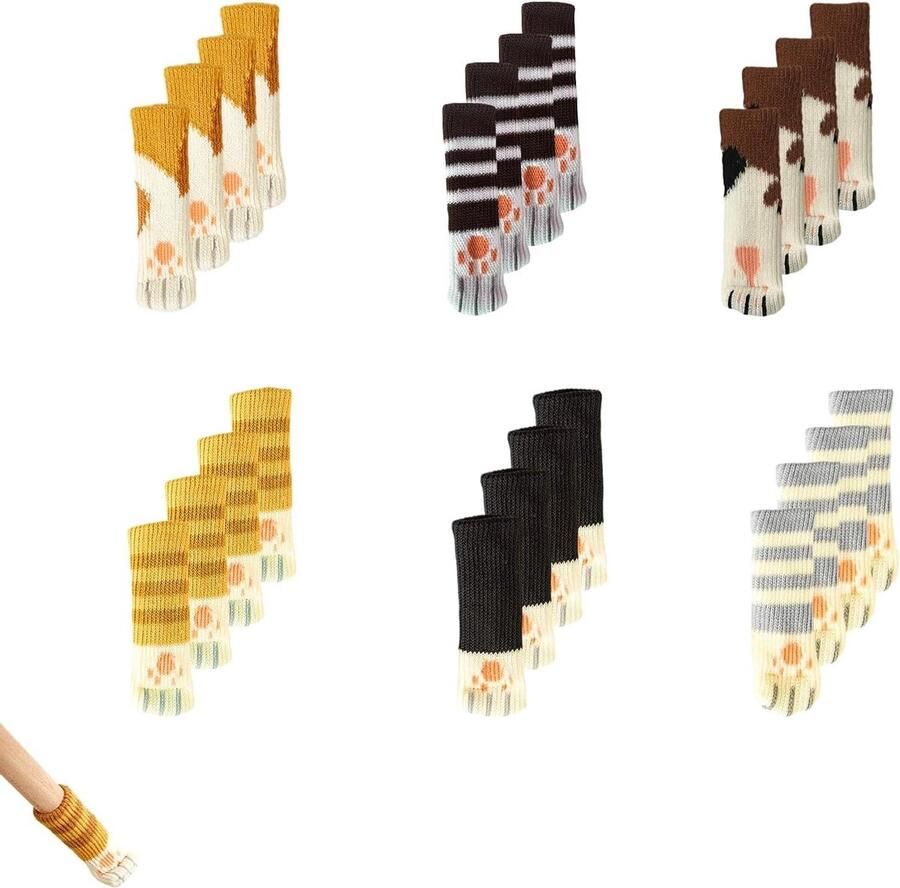 Allecto Plus Gebreide Stoelpootbeschermers met Kattendesign Elastische Antislip Stoelpootbeschermers 24 Stuks 6 Verschillende Ontwerpen Beschermt Vloeren en Meubels Wasbaar Grijs