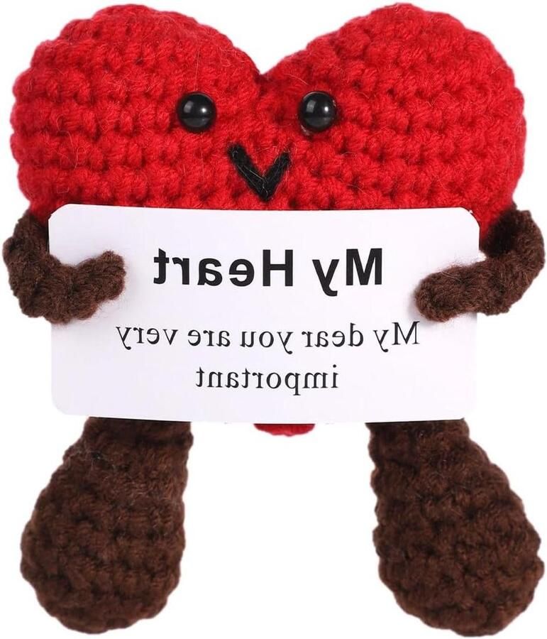 Allecto plus Gehaakt Rood Hart Pop met Aanmoedigingskaart en Wolgaren Leuke Gebreide Speelgoedpop voor Positieve Decoratie in Huis Bureau en Klaslokaal