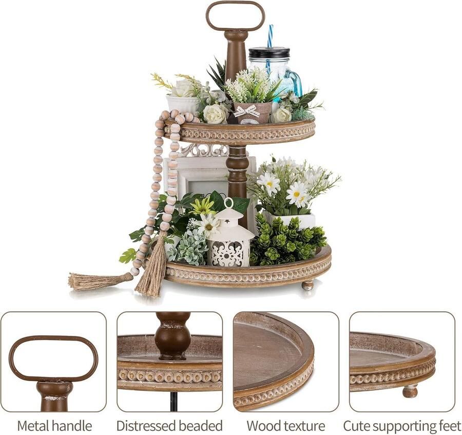 Allecto plus Gelaagd dienblad van hout voor decoratie 2-laags standaard met ronde kralen Ideale decoratie voor badkamer keuken salontafel Geschikt voor herfst Halloween en Kerstmis