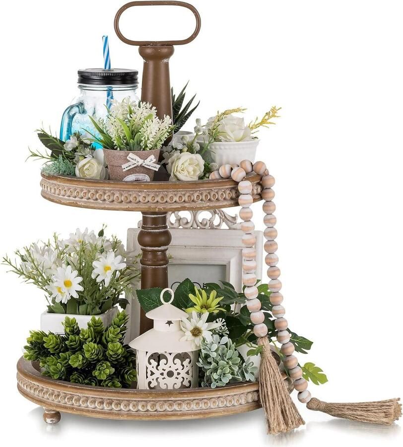 Allecto plus Gelaagd houten dienblad met ronde kralen Decoratie voor keuken en tafel Herfst Halloween Kerstmis 2-Laags standaard