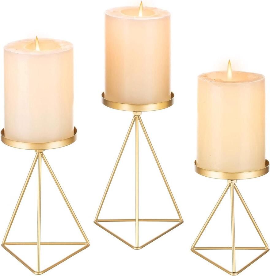Allecto Plus Geometrische Metalen Kandelaars Set voor Pijlerkaarsen 3 Stuks Vintage Design Woonkamer Eetkamer Decoratie Openhaard Mantel Kerstfeest Halloween Tafel Centerpieces