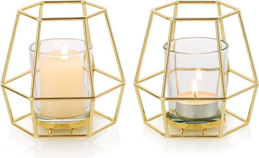Allecto plus Geometrische Theelichthouders Goud 2 Stuks Moderne Kandelaars Votief Glazen Theelichtkandelaars Tafel Middelpunt Huwelijksfeest Decoratie