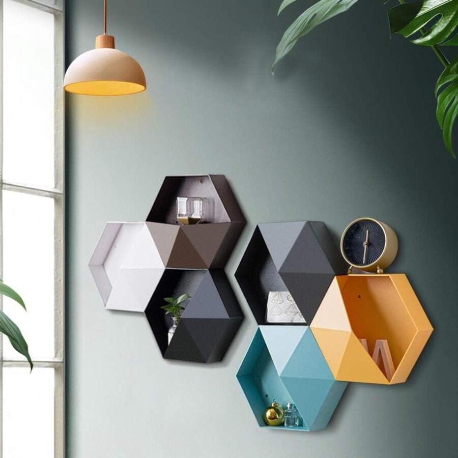 Allecto plus Geometrische Wanddecoratie Stabiele Zeshoekige Wandplank voor Slaapkamer Ruimtebesparend Design Zwart