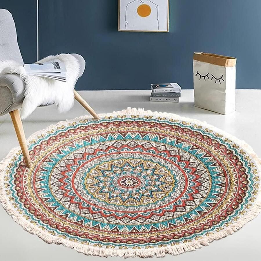 Allecto Plus Geweven Boho Katoenen Tapijt met Mandala Patroon Vintage Stijl Machine Wasbaar 60cm Doorsnede Woonkamer Slaapkamer Hal Designtapijt met Tassels Bloemenprint #12