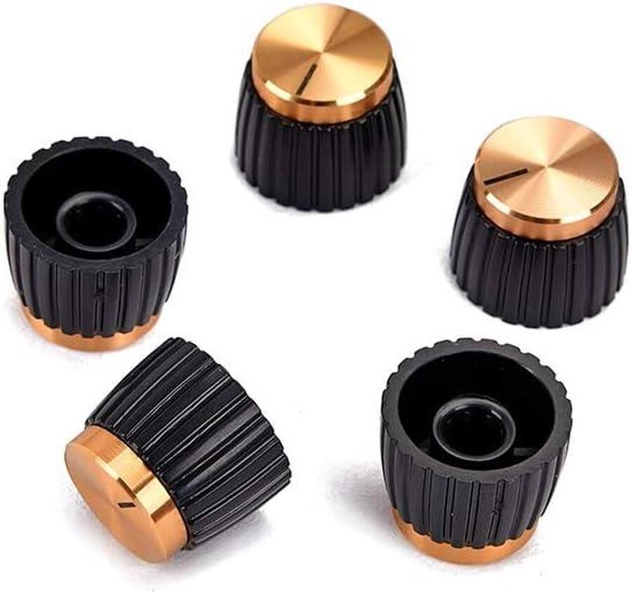 Allecto Plus Gitaarversterker knoppen set van 5 stuks in zwart met gouden aluminium dop Geschikt voor 6 mm diameter knoppen versterkers