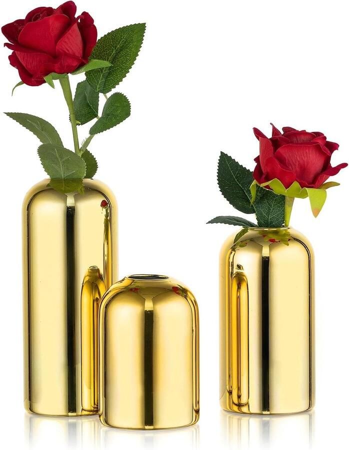 Allecto Plus Glas Goud Knopvaas Set van 3 Bloemenvazen Bruiloft Decoratie Gouden Vaas voor Verjaardagsfeest Tafel Centrepiece
