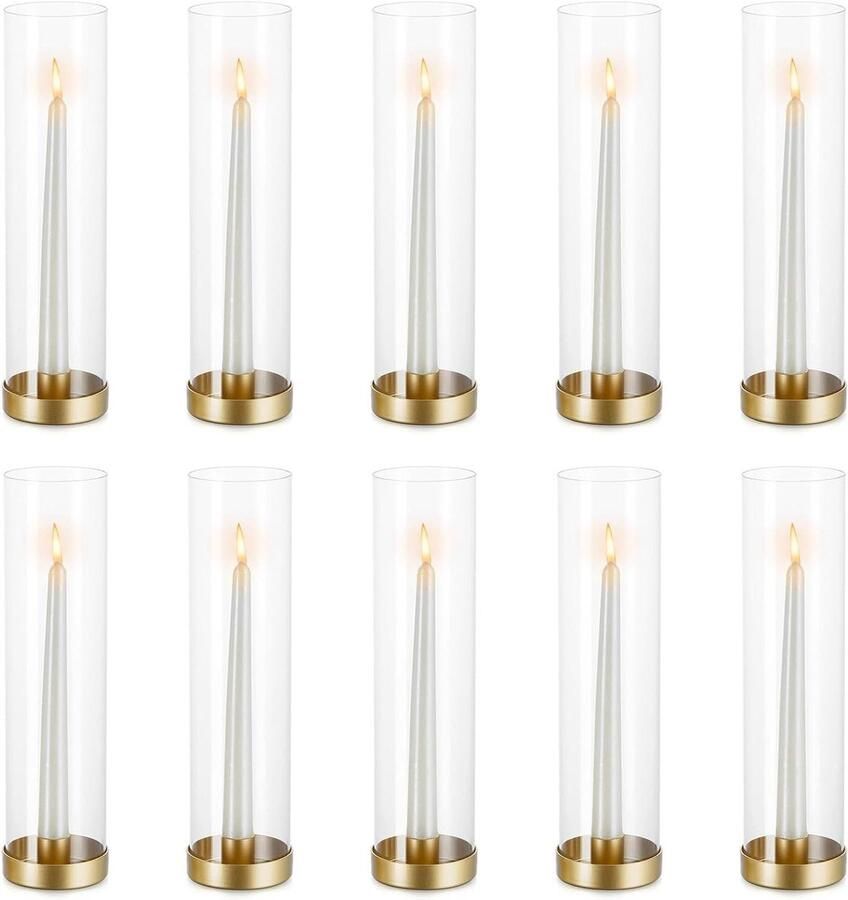 Allecto Plus Glazen Gouden Orkaan Kandelaar 10 Stuks Bulk Kaarsenhouders Metaal Taps Toelopende Kaarsen Modern voor Bruiloft Kerst Diner Tafel Decoratie Thuiskomst