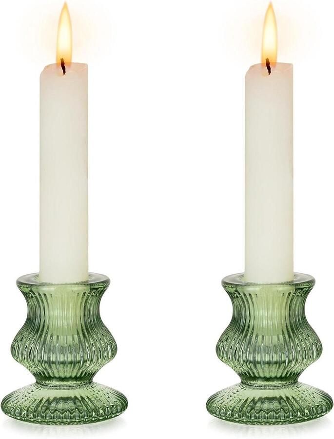 Allecto Plus Glazen kandelaar set van 2 voor tafel diner Kerstdecoratie bruiloft feest Moderne lente groen Taper stokjes