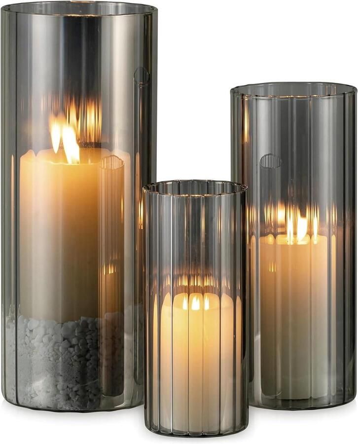 Allecto Plus Glazen Orkaan Kaarshouder Set Grijs Zwart Decoratie Woonkamer Tafels