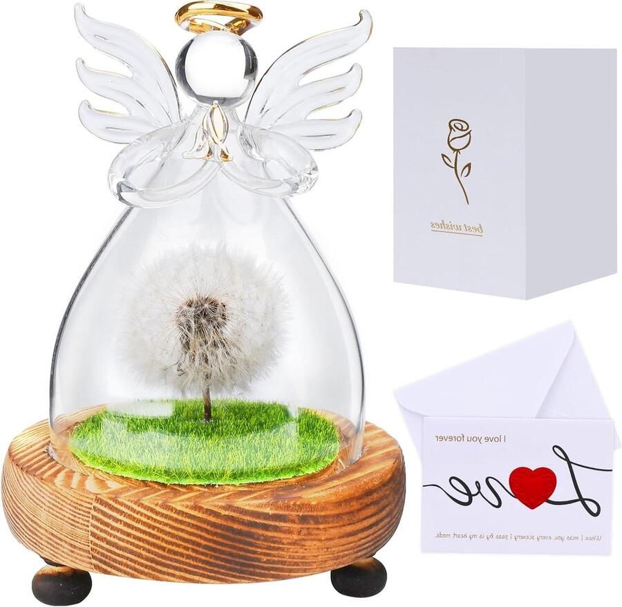 Allecto Plus Glazen presse-papier met echte paardenbloem Cadeau voor vrouwen Engelvormige lamp Verjaardag Kerst Valentijn Moederdag Voor mama oma vriendin
