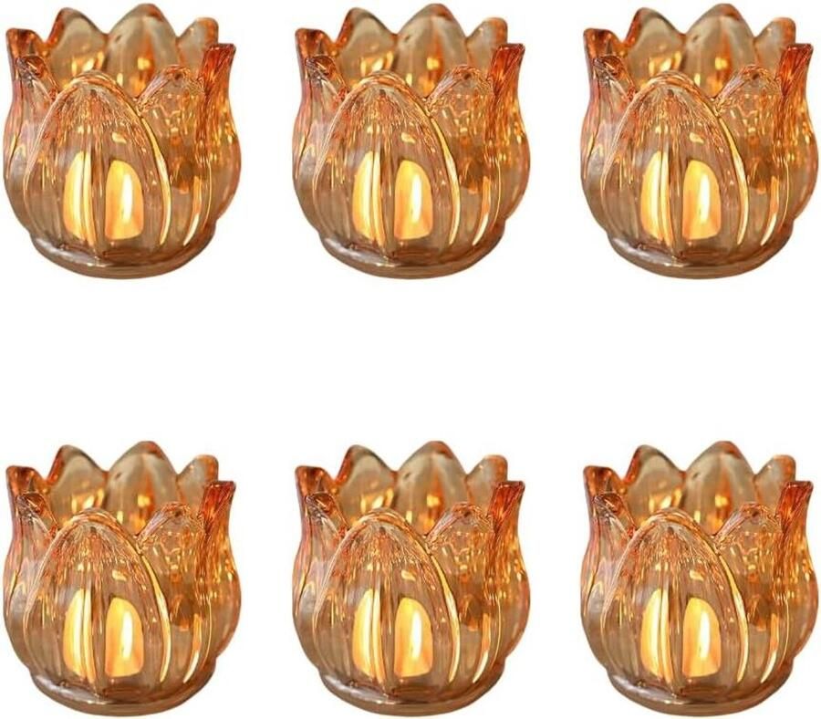 Allecto plus Glazen theelichtje votief kandelaars set van 6 kristallen theelichthouders voor bruiloft en verjaardagsfeestje Prachtige glazen theelichthouders in een set van 6 ideaal als tafel middelpunt decoratie voor thuis (barnsteen tulp)