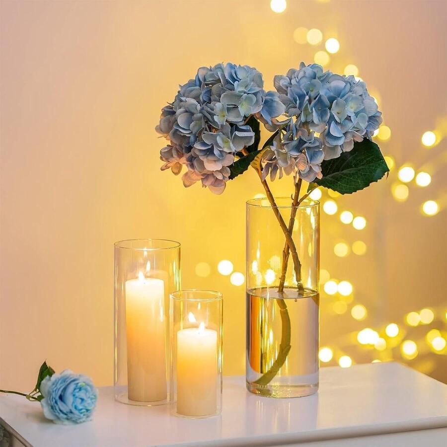 Allecto Plus Glazen vaas set voor tafeldecoratie 3-delige glazen vaas cilinder voor bloem bruiloft windlicht kaarsen eettafel en woonkamer decoratie