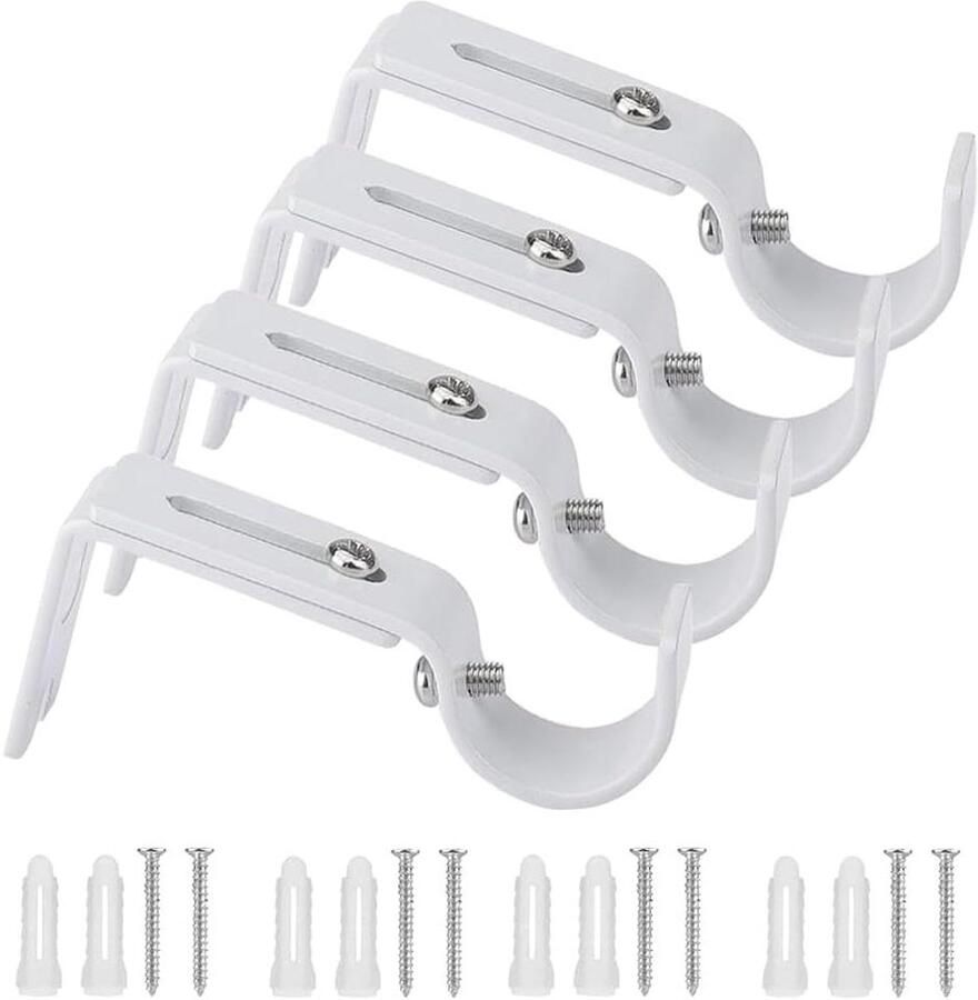 Allecto Plus Gordijnhouder set van 4: verstelbare metalen wandhouders voor gordijnroedes met schroeven voor thuis kantoor slaapkamer kledingkast en badkamer