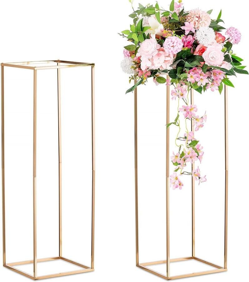 Allecto Plus Gouden Bruiloft Centerpieces Metalen Vazen Set van 2 Hoge Bloemstukken Display Rack Vloer Vaas Voor Bloemenstandaard Rechthoekige Tafel Middelpunt Stands Voor Bruiloften en Verlovingsfeest 80cm