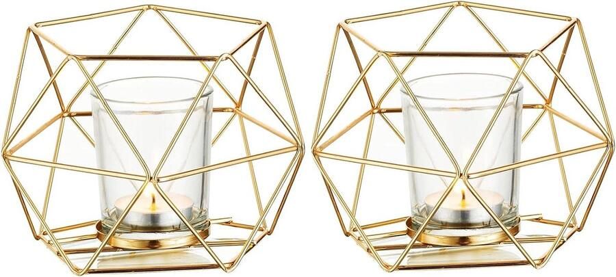 Allecto Plus Gouden geometrische kaarsenhouders voor theelichtjes Decoratieve kandelaar voor huisdecoratie Moderne geo-decoratie voor bruiloftsreceptie Tafel- en plankaccenten