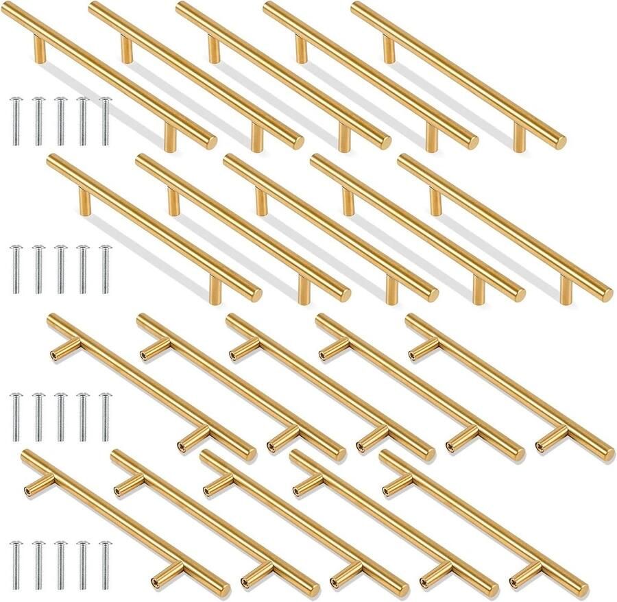 Allecto Plus Gouden Kastgrepen Roestvrijstalen T-vormige Grepen voor Keukenkastjes Lengte 200mm met 20PK
