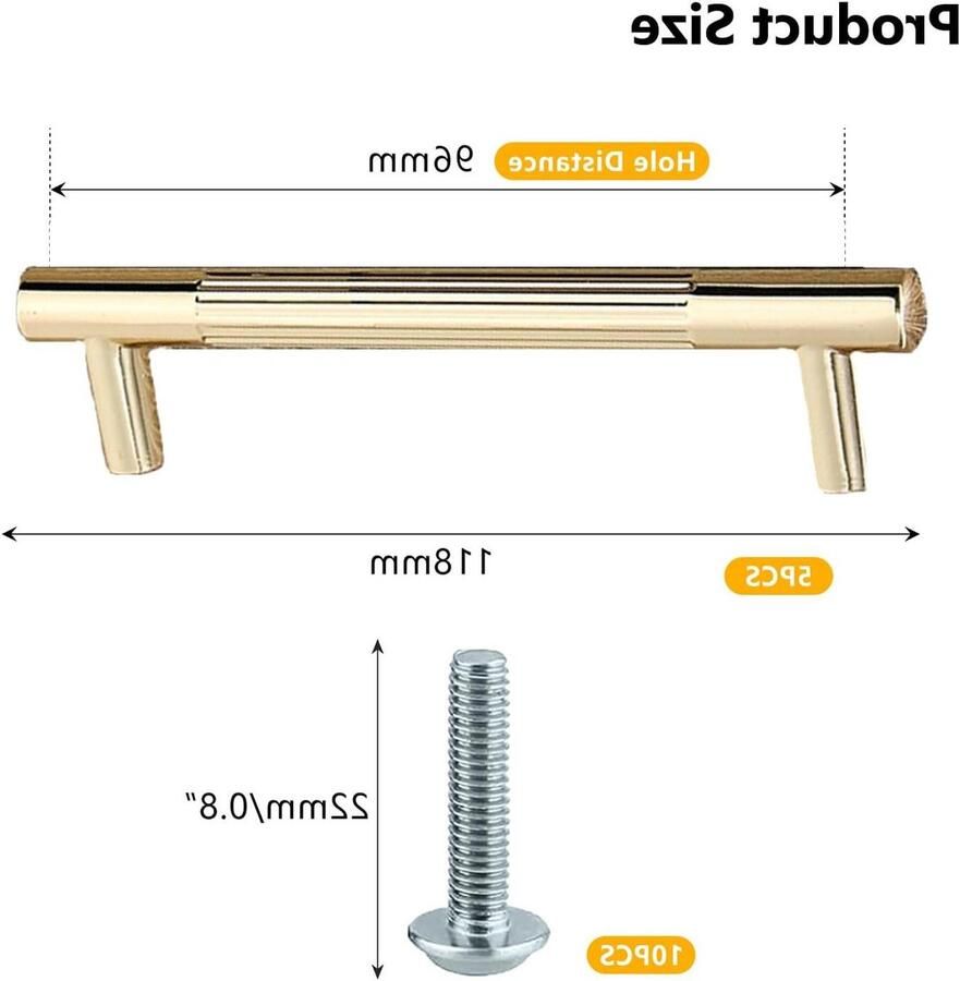Allecto Plus Gouden Knurled Kastgrepen Set van 5 Stuks Modern Design Keukenkast Ladekast Garderobe 96 mm Gat Afstand Inclusief Schroeven