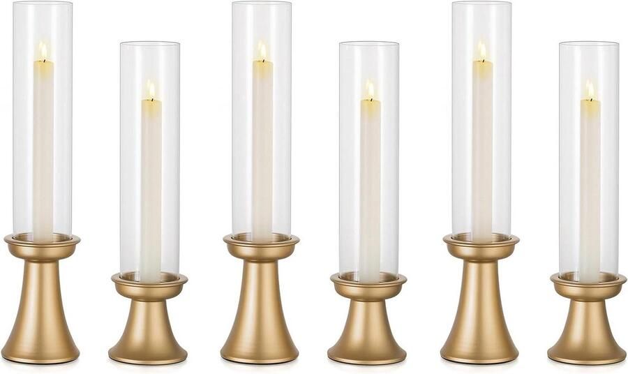 Allecto Plus Gouden Orkaan Kandelaar Set van 6 Grote Glazen Kaarsenhouders Taper Kaars Bruiloft Decoratie Centrepieces voor Tafels Home Decoratie