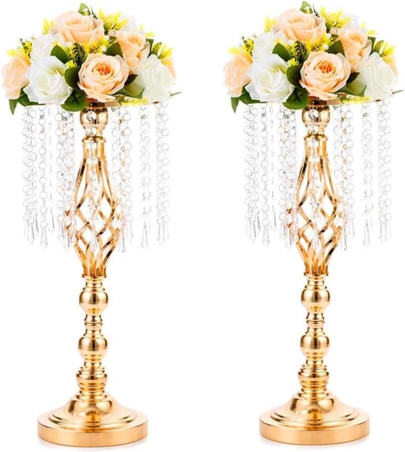 Allecto Plus Gouden Vaas 49cm voor Bruiloft en Feesten Set van 2 Kristal Metalen Bloemstandaard Decoratief Middelpunt Ceremonie Evenement Receptie Tafel Decoratie