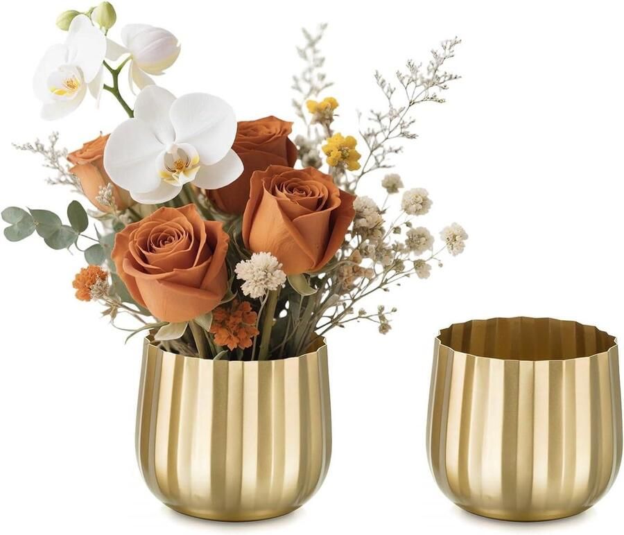 Allecto Plus Gouden Vaas Bruiloft Centerpieces 2 Stuks 10cm Metalen Geribbelde Bloemenvazen Verjaardagsfeestje Tafel Kleine Planten Plantenbakken Potten Thuis Buiten Tuindecoraties