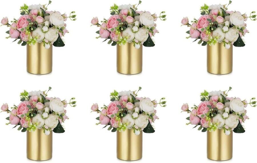 Allecto Plus Gouden Vaas Bruiloft Centrepieces voor Moderne Decoratie in Eetkamer en Woonkamer Set van 2 Stuks 13cm Gouden Kunstbloemen Vaas Cilinder voor Tafel Middenstuk Kleine Metalen Bloemen Vaas Perfect voor Feestelijke Gelegenheden