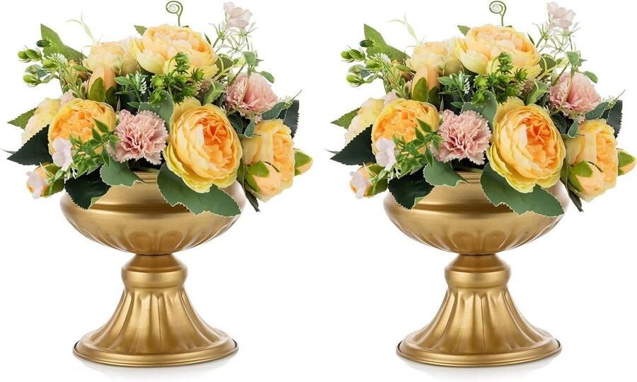 Allecto Plus Gouden Vasen voor Bruiloft Centerpieces Set van 2 Metalen Urn Vazen 16.4cm Hoogte Elegante Tafel Deco Bloemenvaas Trompet Vaas Verjaardagsfeest Decoraties Thuis Bloemarrangementen