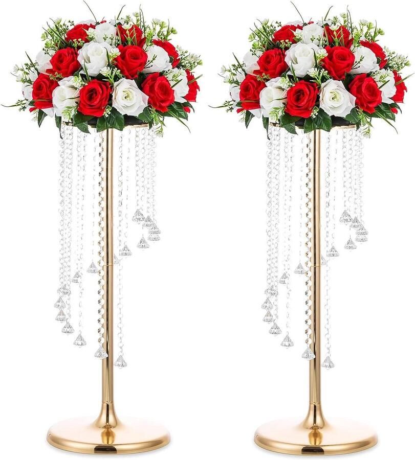 Allecto Plus Gouden Vazen voor Bruiloft Centerpieces 2 Stuks Hoge Kristallen Bloemenvaas Metalen Bloemen Staan voor Feesttafels Elegante Decoraties voor Bruiloften Tafel Kroonluchter middelpunt 70cm