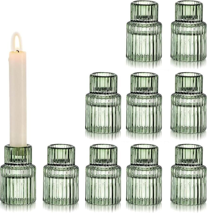 Allecto Plus Groene Glazen Kaarshouder Set van 10 Geribbelde Taper Kaarshouders voor Woonkamer en Bruiloft Decoratieve Kandelaar Houder voor Feestelijke Tafels