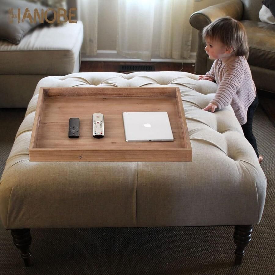 Allecto plus Groot Vierkant Ottomaans Dienblad voor Salontafel Rustieke Decoratie met Handgrepen Hout Bruin Woonkamer Accessoire Extra Groot Formaat Vintage Stijl Decoratief Serveerblad Decoratie Accessoire