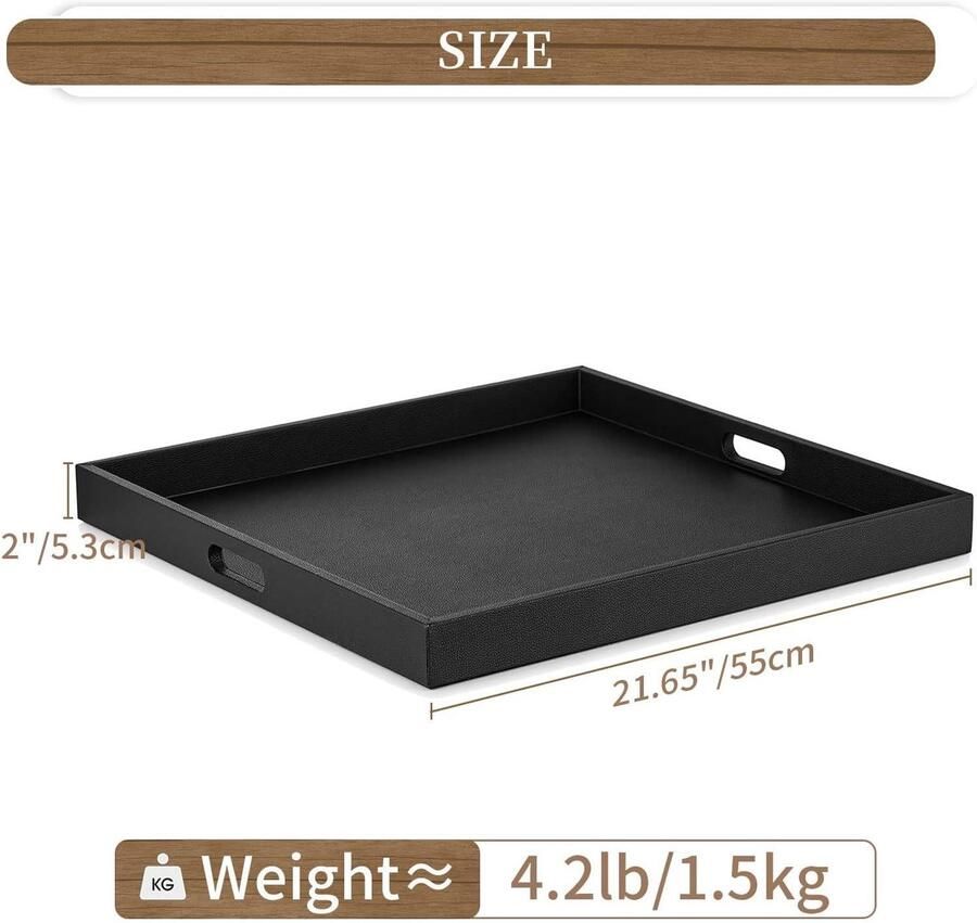 Allecto plus Groot zwart Ottomaans dienblad 22 x 22 Lederen decoratief dienblad met handgrepen voor salontafel Woonkameraccessoire