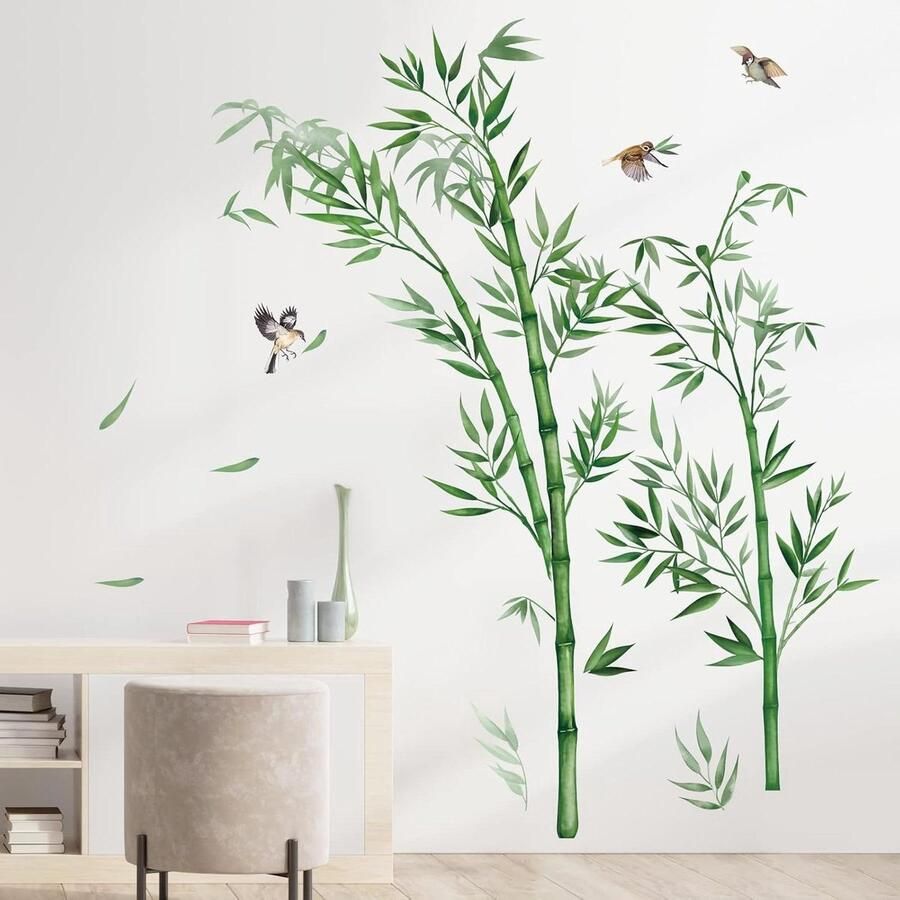 Allecto Plus Grote Bamboe Muurstickers Groene Planten Vliegende Vogels Muursticker Slaapkamer Woonkamer Bank TV Achtergronddecoratie