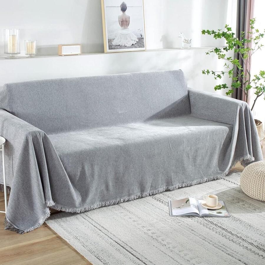 Allecto Plus Grote Bankhoes voor 2 3 4 Zitsbank Lichtgrijze Bankplaid van 180x300cm Wasbaar en Antislip