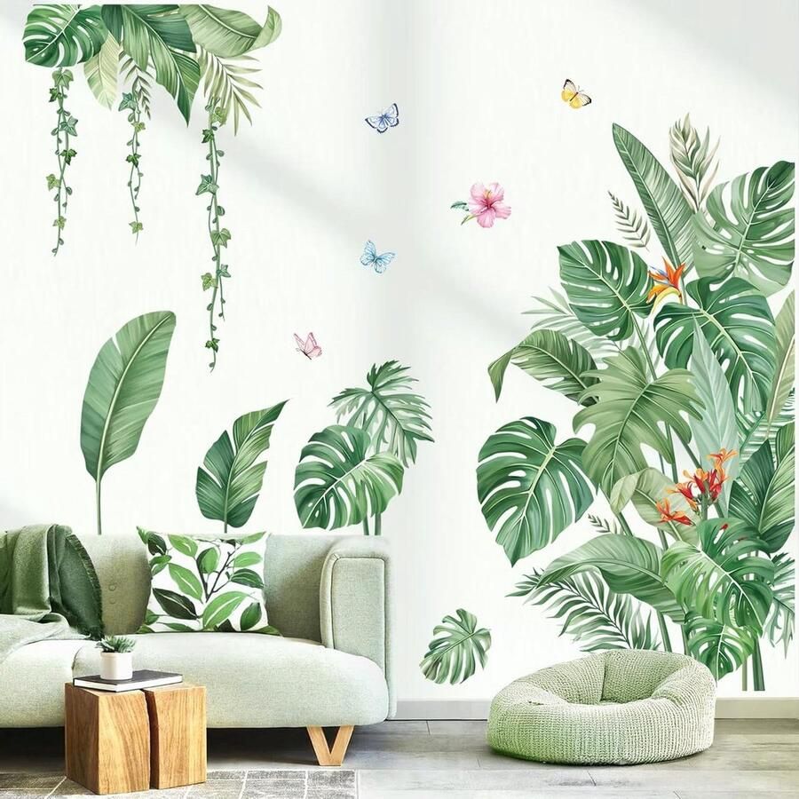 Allecto Plus Grote Groene Bladeren Muurstickers Tropische Palmblad Plant Muurstickers voor Woonkamer Bank TV Achtergrond Decoratie