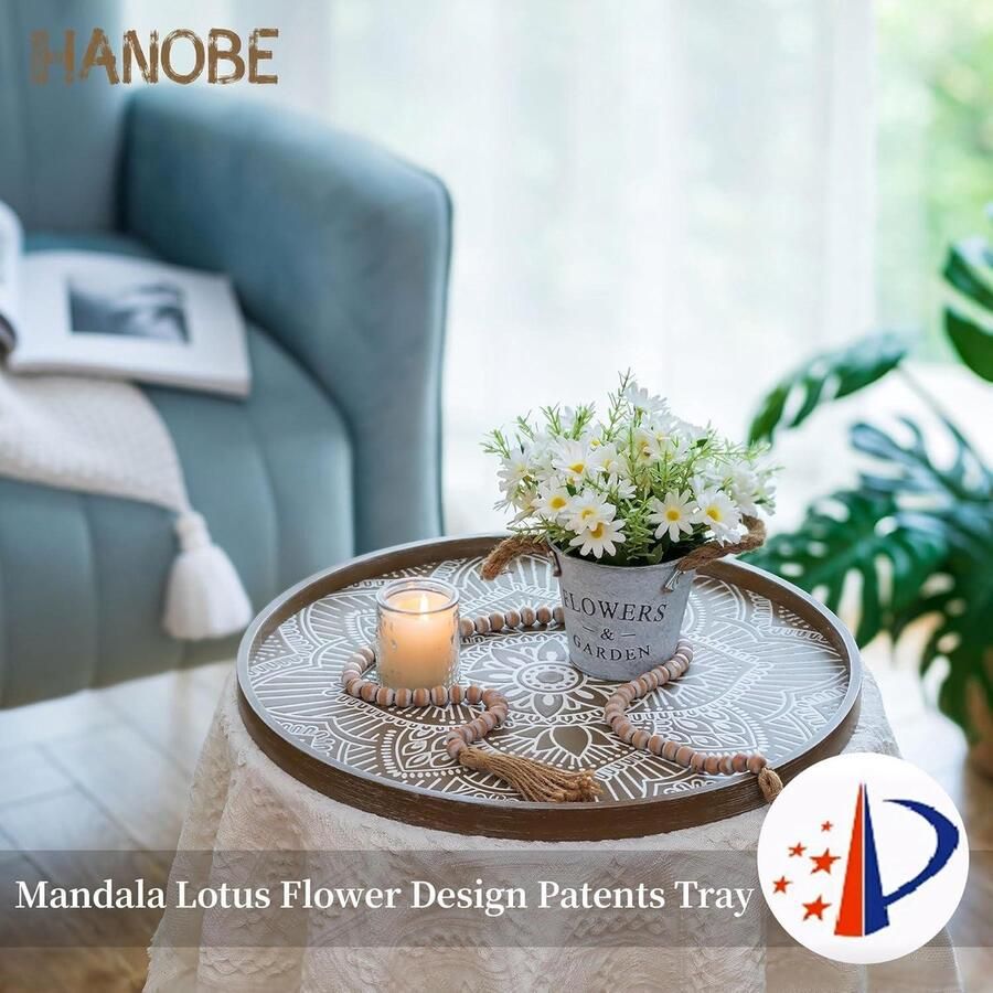 Allecto Plus Grote houten decoratieve lade voor boerderij salontafel Boho rustieke Ottomaanse dienblad houten serveerronde bloemenlade bruin 45 cm keukendecoratie