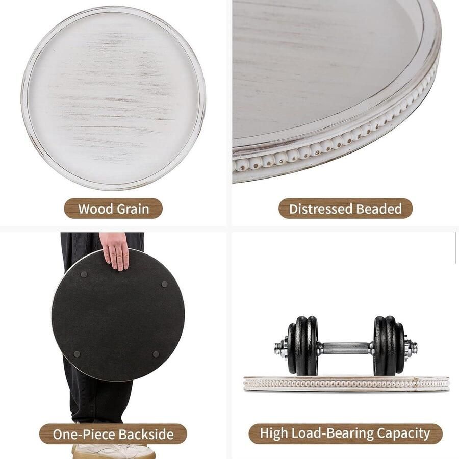 Allecto plus Grote ronde decoratieve lade 45 cm wit Salontafel decor cirkel houten trays Boerderij Ottomaanse vintage Thuisdecoratie Middelpunt voor toonbank Rustiek design