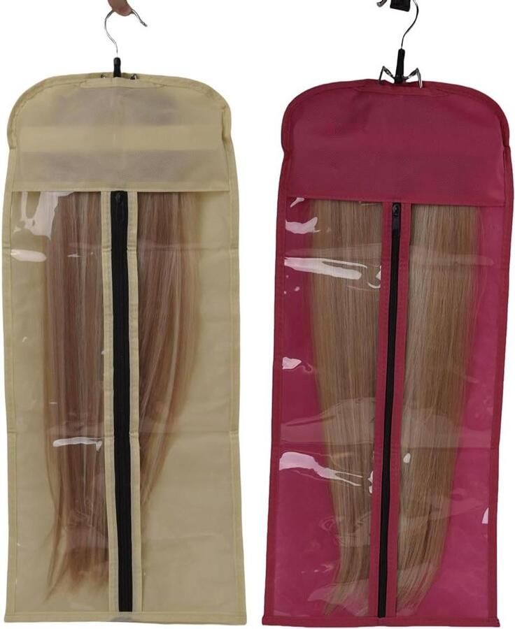 Allecto Plus Haarverlenging Kaphanger met Opbergzak 2 Stuks Roze Beige Haarstukken Opbergrek Pruikhouder voor Stijlvol Haaropberging