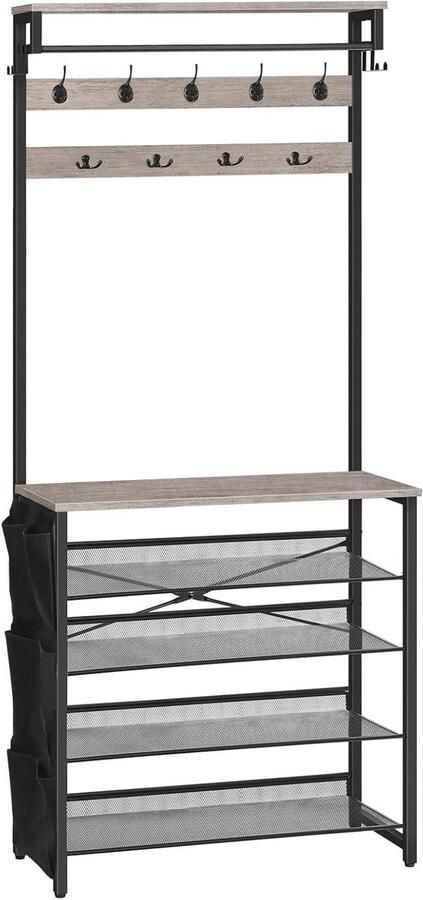 Allecto Plus Halboom met bank entree: kapstok en schoenenrek 5-laags schoenenopbergorganizer met Oxford-stoffen zijzakken verstelbare mesh planken Greige