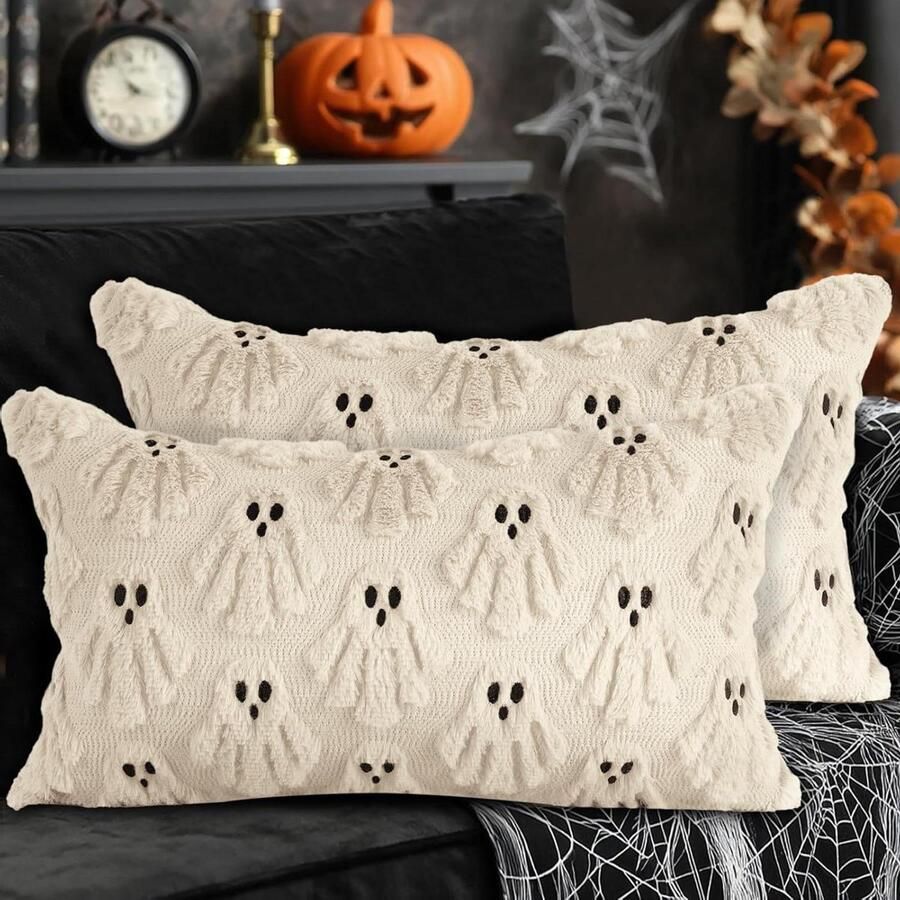 Allecto plus Halloween Decoratie Kussenslopen 30 x 50 cm Set van 2 Schattige Spookmotief Kussenhoezen Zacht Pluche Kunstbont Voor Binnen Woonkamer Slaapkamer Bank Decoratie Wit