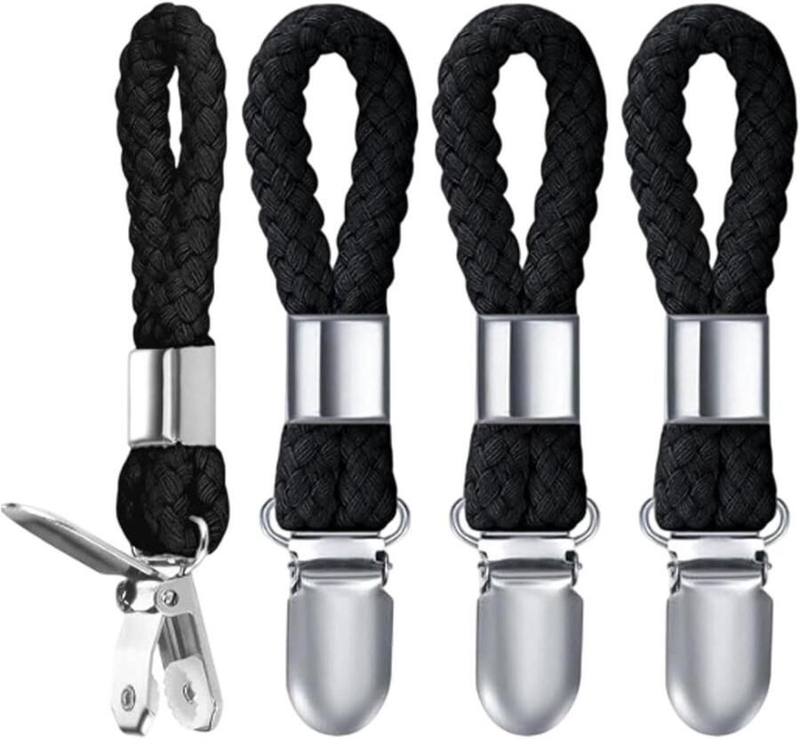 Allecto Plus Handdoekklemmen Set van 4 Hangers voor handdoeken Handdoekclips om op te hangen Zwarte clips met lussen voor huizen kasten en badkamers